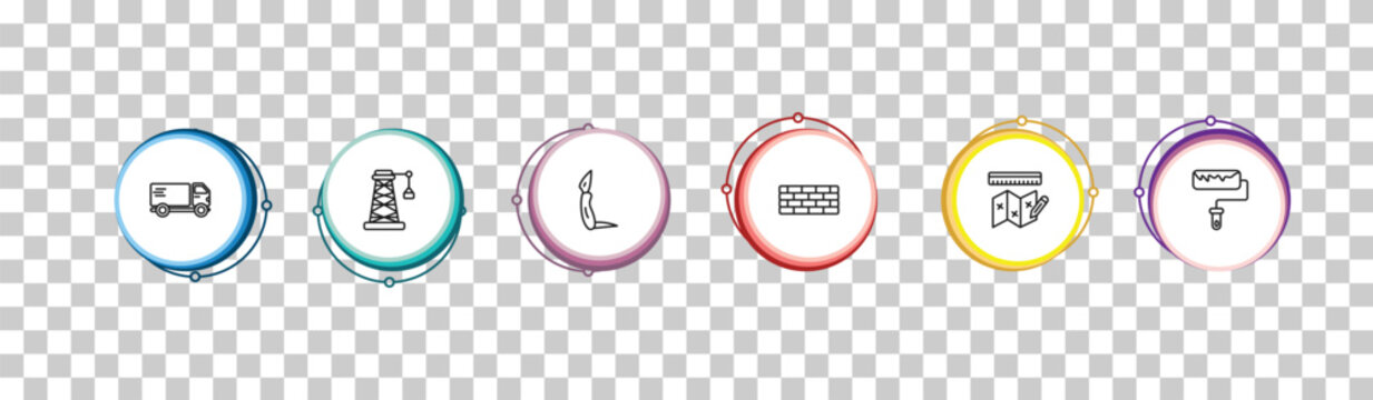 outline construction icons set - truck with freight, derrick with boxes, jackknife, roller and paint. editable vector for web and mobile ui