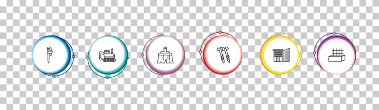 outline construction icons set - stillson wrench, backhoes, builder brush, concrete. editable vector for web and mobile ui