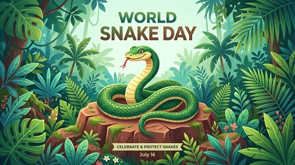 Colorful world snake day celebration illustration with green snake in lush jungle environment