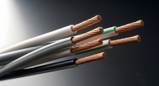 Electrical wiring cables with exposed copper conductors close up view