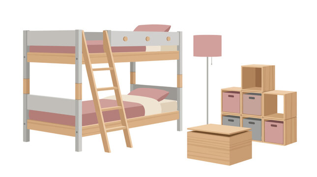 Children's Bunk Bed with Storage and Lamp, Modern Kids Bedroom Furniture Set