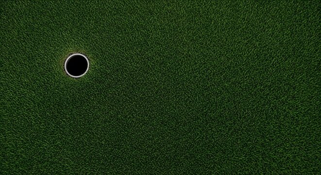 Top-down close-up view of a dark golf hole cut into a textured dark green artificial putting green.
