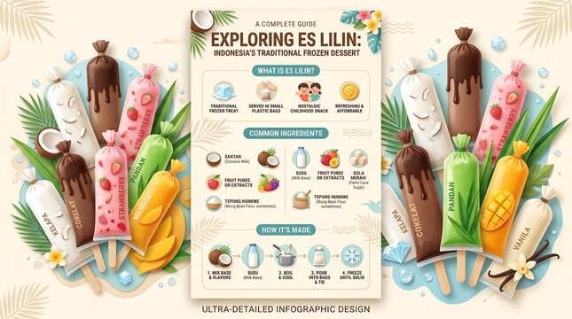 Infographic of es lilin, a traditional indonesian frozen dessert, featuring common ingredients and preparation steps with colorful illustrations of various flavors