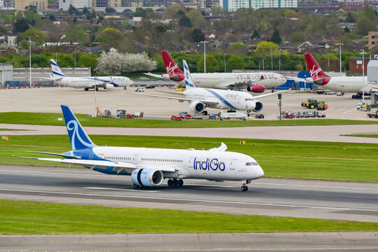 London, England, UK - 10 April 2026: Boeing 787-9 Dreamliner aircraft operated by Indian airline Indigo (registration LN-LNR) landing at London Heathrow airport.