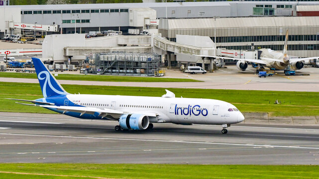 London, England, UK - 10 April 2026: Boeing 787-9 Dreamliner aircraft operated by Indian airline Indigo (registration LN-LNR) landing at London Heathrow airport.
