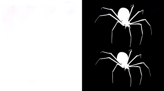 Black widow spider silhouette on black background, creepy arachnid alpha matte, spooky insect cutout for Halloween design and horror movie visual effects