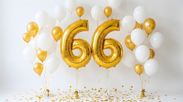 Golden balloons and confetti celebrating a 66th birthday or anniversary