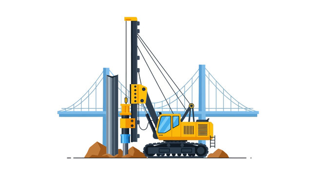 Yellow Pile Driver and Drilling Rig for Bridge Foundation Construction - Flat Vector Illustration