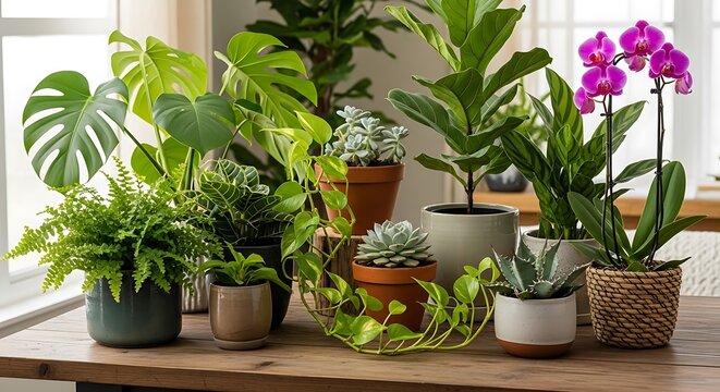 Variety of houseplants on wooden table.