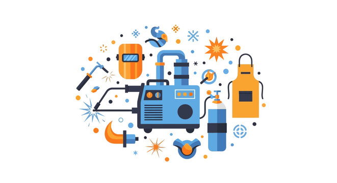 Industrial Welding and Metalworking Equipment Flat Vector Illustration - Professional Set of Welding Tools, Machine, Mask, Apron, and Gas Cylinder Isolated on White Background
