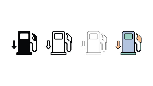 Gas Pump Fuel Price Drop Icon Set in Solid Line and Sketch Style

