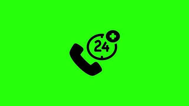 Premium 4K motion graphic of a telephone handset with a twenty four clock dial silhouette bouncing. Ideal asset for medical hotline video.