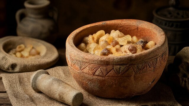 Ancient terracotta pot containing resin pieces with grinding tools, warm lighting.