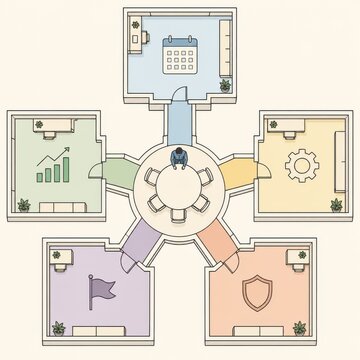 Organizational clarity hub design for pmo ligne claire business layout illustration modern workspace aerial view conceptual visualization
