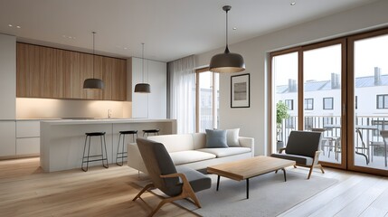 Fototapeta premium Modern Japanese inspired apartment interior with clean white walls, wooden accents, abundant daylight