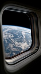 Naklejka premium View of planet Earth with huge rotating hurricane and moon from spaceship porthole in outer space exploration astronomy and space travel concept