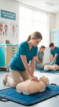 First aid training class showing people practicing cpr chest compressions on medical dummies