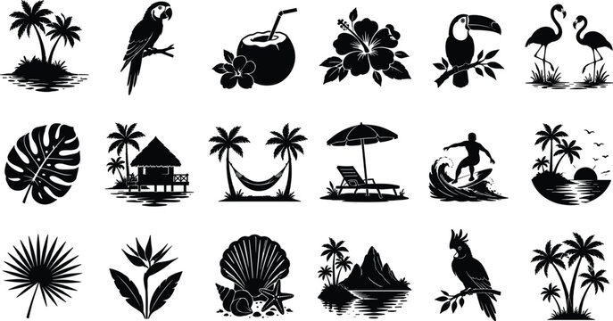 WebVector set of tropical vacation and beach icons featuring palm trees, exotic birds, and silhouettes isolated on white