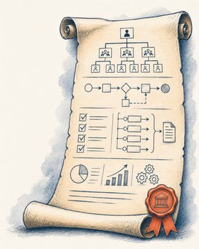 Vintage pmo constitution document process diagram on parchment scroll business environment informative content visual representation