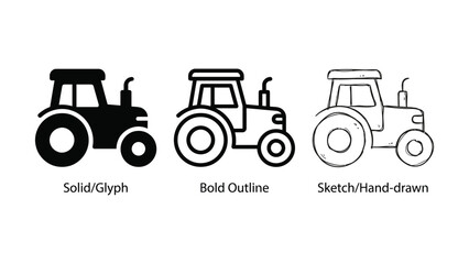 Farm Tractor Icon Set in Solid Outline and Sketch Styles for Agriculture and Machinery Designs  © Tanha