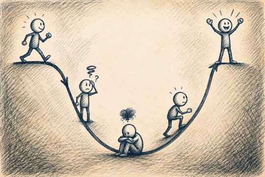 Emotional growth journey pmo handdrawn change curve sketch illustrating triumph and struggles in personal development