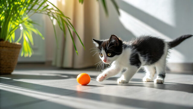 Playful black and white kitten chasing orange ball indoors by bright window