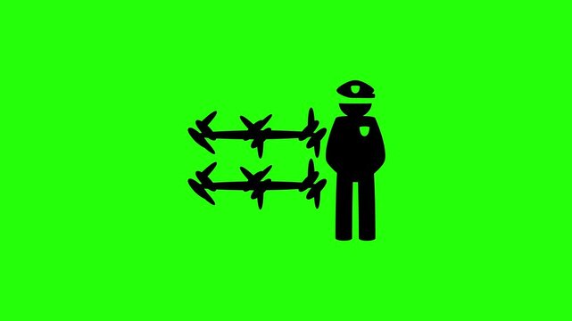 Professional 4K footage of a security officer guard standing by a barbed wire fence silhouette bouncing cleanly. Great global politics web graphic.