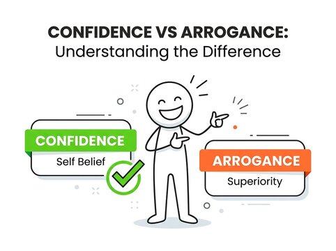 Confidence vs arrogance concept illustration with a cartoon character isolated on white background