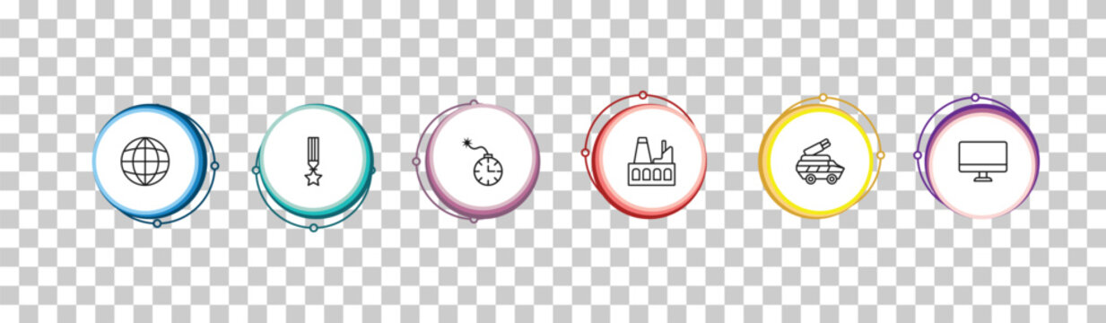 outline army and war icons set - planet grid circular, militaty medal, time bomb with clock, computer. editable vector for web and mobile ui