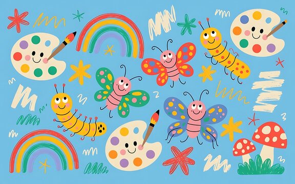 Cute Kids Art Background With Rainbow Butterflies Caterpillars Paint Palette Mushrooms And Doodle Elements Colorful Hand Drawn Creative Nursery Poster Design For Children Learning