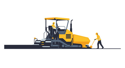 Obraz premium Road Construction Asphalt Paver Machine and Workers Illustration Isolated on White Background