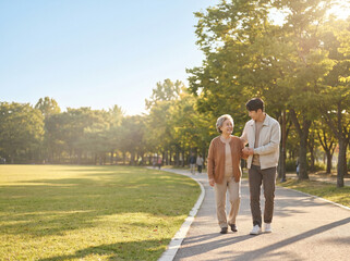 Fototapeta premium Senior Woman Walking with Young Caregiver in Sunny Park