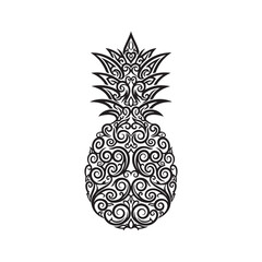 Pineapple tribal vector illustration with intricate swirl patterns and ornamental filigree design for tropical branding and summer decor © Euzir