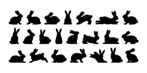 Fototapeta premium Rabbits in Various Poses and Positions as Black Silhouettes Featuring Sitting, Standing, Lying with Hopping and Vector Elements for Illustration