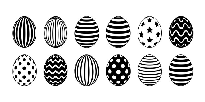 Eggs with Various Black and White Patterns and Designs Featuring Stripes, Polka Dots, Stars with Swirls and Zigzags Elements for Circles, Lines