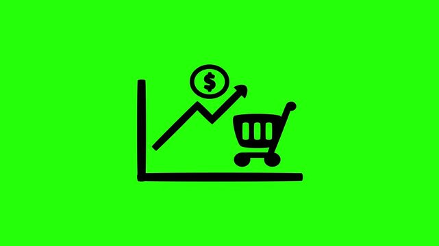 4K resolution video of a retail shopping basket with a steep rising arrow and dollar coin silhouette bouncing into view. Perfect finance icon.