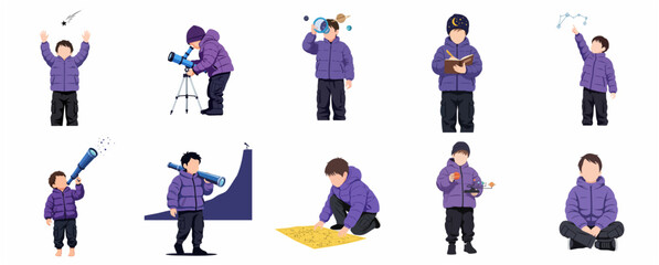 Set of Little Boy Astronomer Character Illustrations Exploring Space with Telescope, Star Map, and Solar System Model © Kkasey