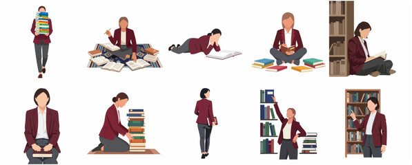 Flat vector illustration set of a professional woman or student reading books, studying in a library, and organizing bookshelves isolated on white. © Kkasey