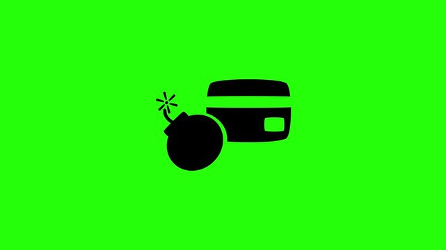 Crisp 4K resolution clip of a retail credit card next to a burning fuse weapon bomb silhouette bouncing. Great personal banking problem icon.