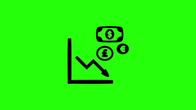 Premium 4K presentation showing a financial currency graph crashing down with dollar and euro signs silhouette bouncing. Perfect stock market icon.