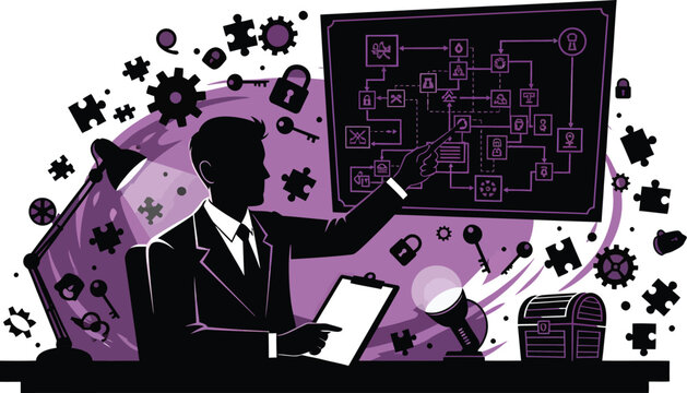 Businessman explaining complex flowchart on board