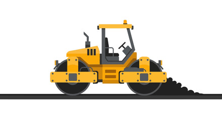 Fototapeta premium Yellow Heavy Duty Road Roller Paving Asphalt Vector Illustration - Isolated Industrial Construction Equipment Icon