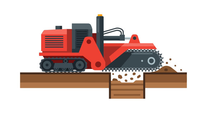 Industrial Heavy Trenching Machine Vector Illustration. Powerful Red Chain Trencher Excavating Earth for Infrastructure and Utility Pipeline Installation.