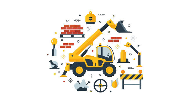 Flat Vector Construction Illustration with Telehandler, Heavy Machinery, Bricks, and Building Icons on White Background