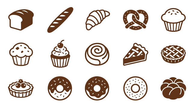 Premium flat minimal vector icon set of 12 bakery and pastry items in single color style: bread loaf, baguette, croissant, pretzel, muffin, cupcake, cinnamon roll, pie slice, tart, donut, bagel