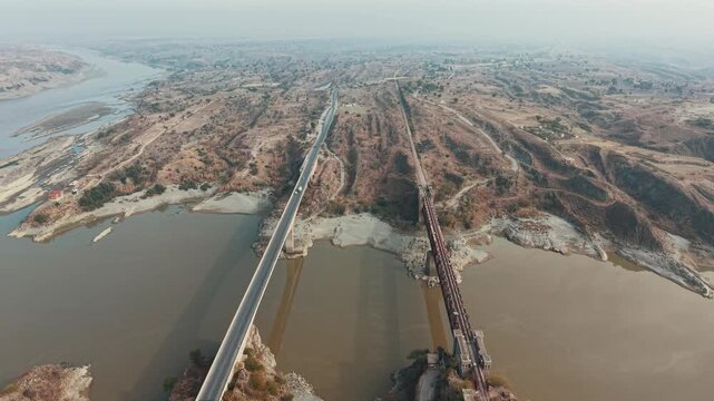 Khushal Garh  Railway bridge view from above Kohat city Khyber Pakhtunkhwa Pakistan. A historic dual-deck, steel truss bridge built in 1907 that crosses the Indus River.