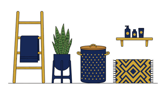 Cozy Bathroom Decor: Ladder, Plant, Pot, Shelf, and Rug Illustration