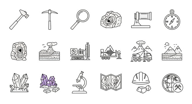 Geology and mining icons, illustrating exploration and scientific research.