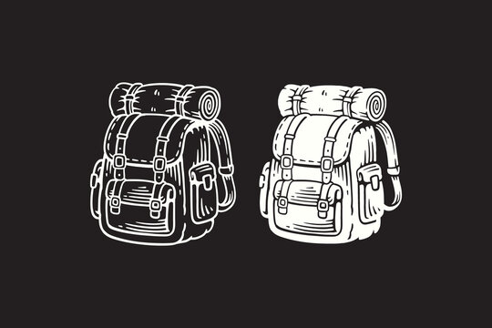 Hiking backpack retro illustration design set for outdoor adventure. Camping backpack vintage symbol element for trekking. Trekking pack rustic hand drawn element for hiking and travel