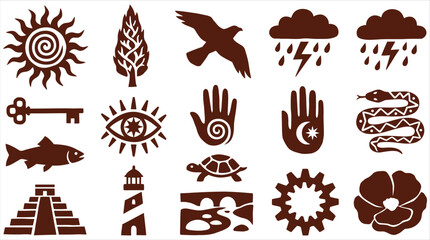 Collection of Hand Drawn Tribal Style Vector Icons Featuring Nature Animals and Symbolic Ancient Elements
